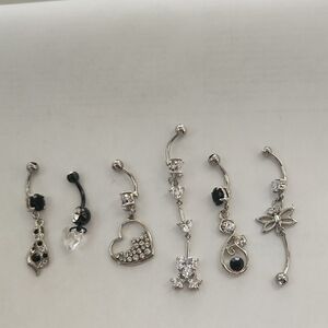 Elegant Silver and Black Belly Button Rings Set